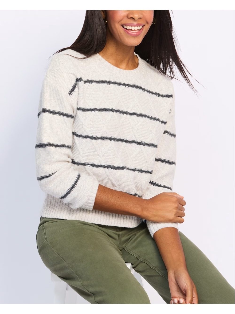 bobeau Cream Crewneck Sweater with Black Stripe Detail